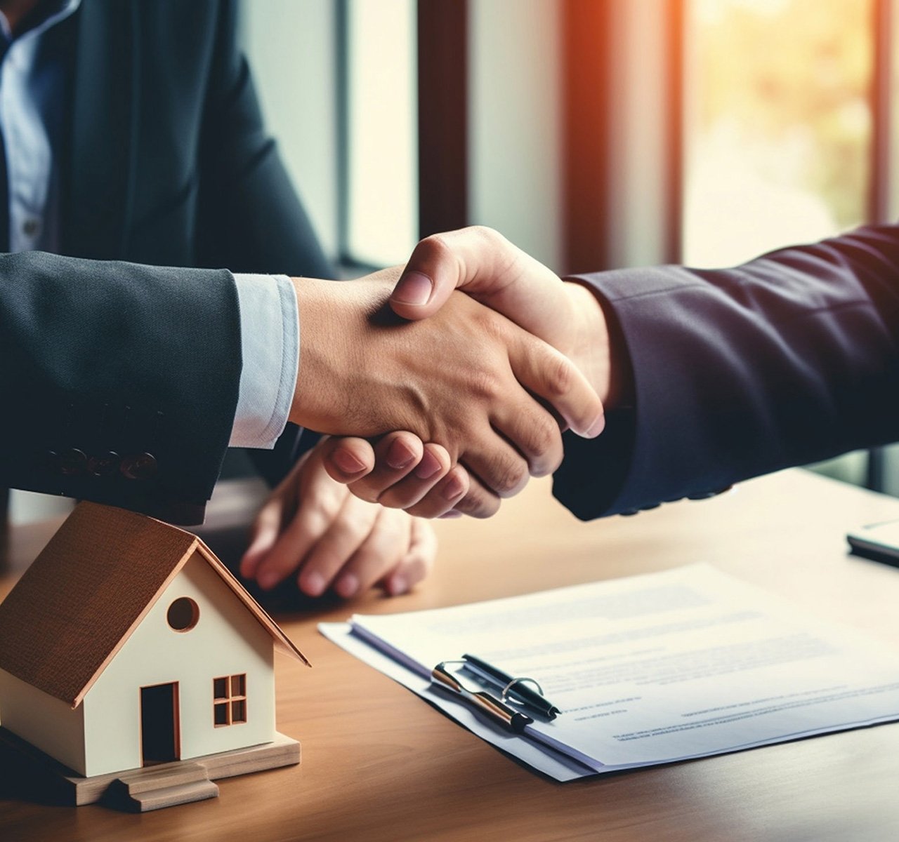 Close-up of a handshake between a property manager and a client over a contract and a model house, symbolizing a finalized management agreement or real estate deal.