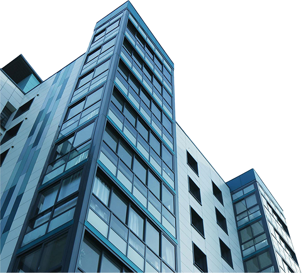 Modern high-rise apartment building exterior with blue glass panels and sleek architectural design, representing managed residential properties.
